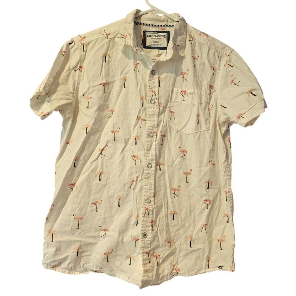 Free Planet Mens Button-Up Shirt Size Small Flamingo Palm Tree Print White Pink
